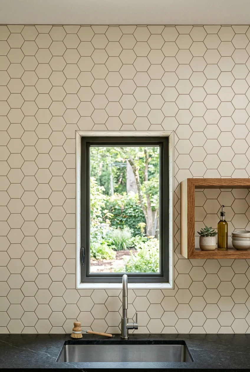 Ivory hexagonal tile wrapping around a kitchen window.