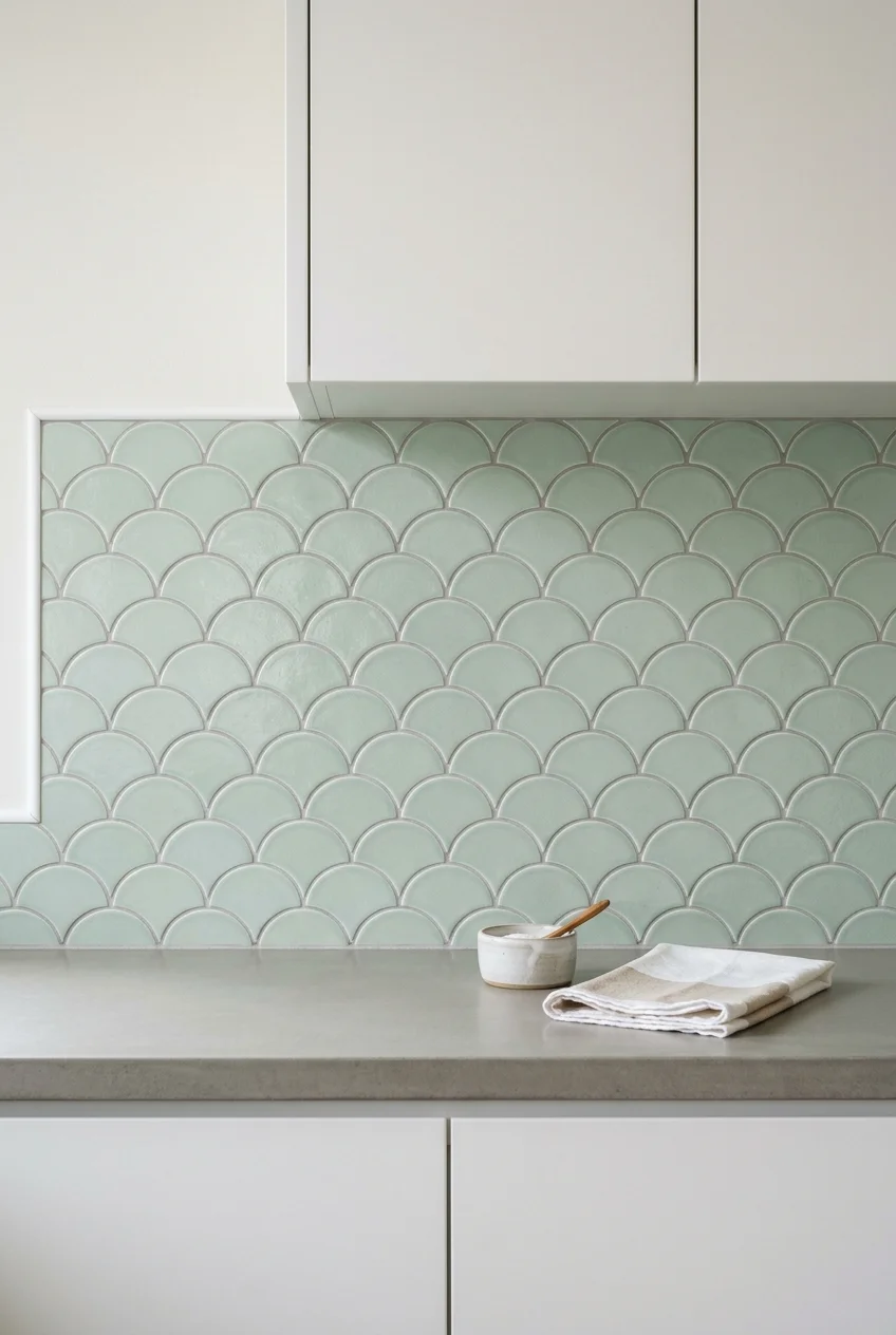 Pale green scallop tiles with upward curves in a kitchen.