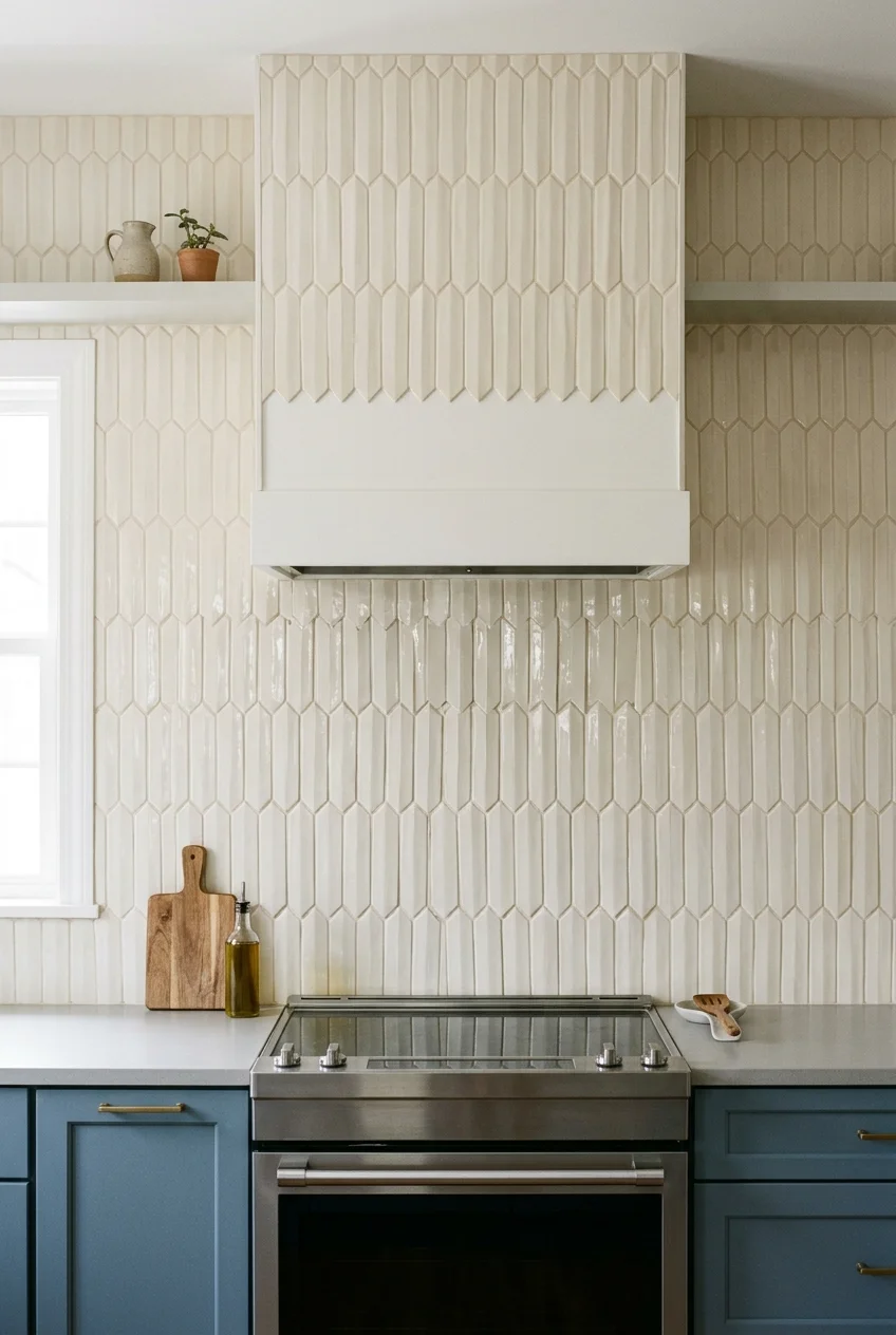 Tall ivory picket tiles behind a kitchen range.
