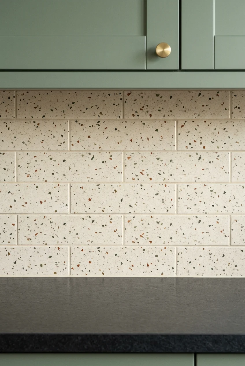 Cream terrazzo-look kitchen tiles with muted colored chips.