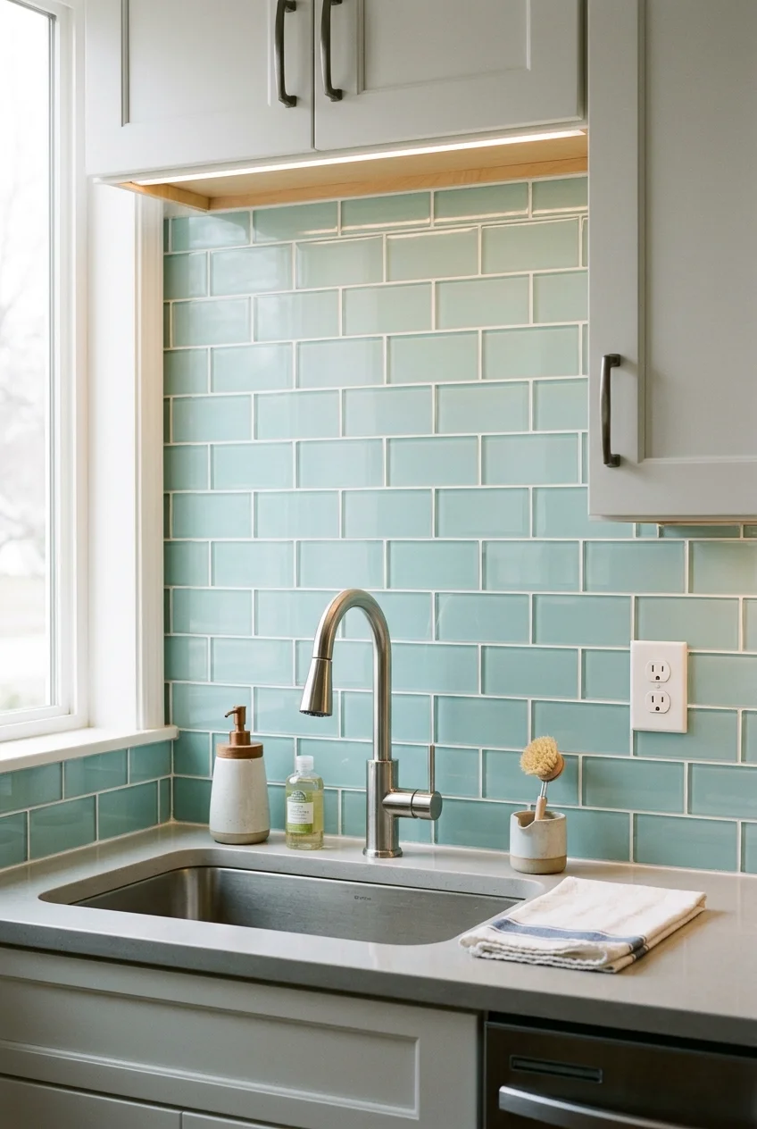 Pale aqua glass subway tiles reflecting light behind a sink.