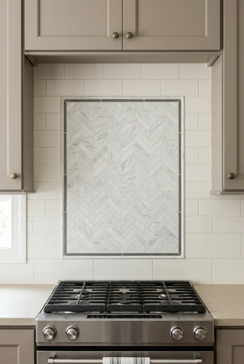 Marble mosaic framed within a plain kitchen tile wall.
