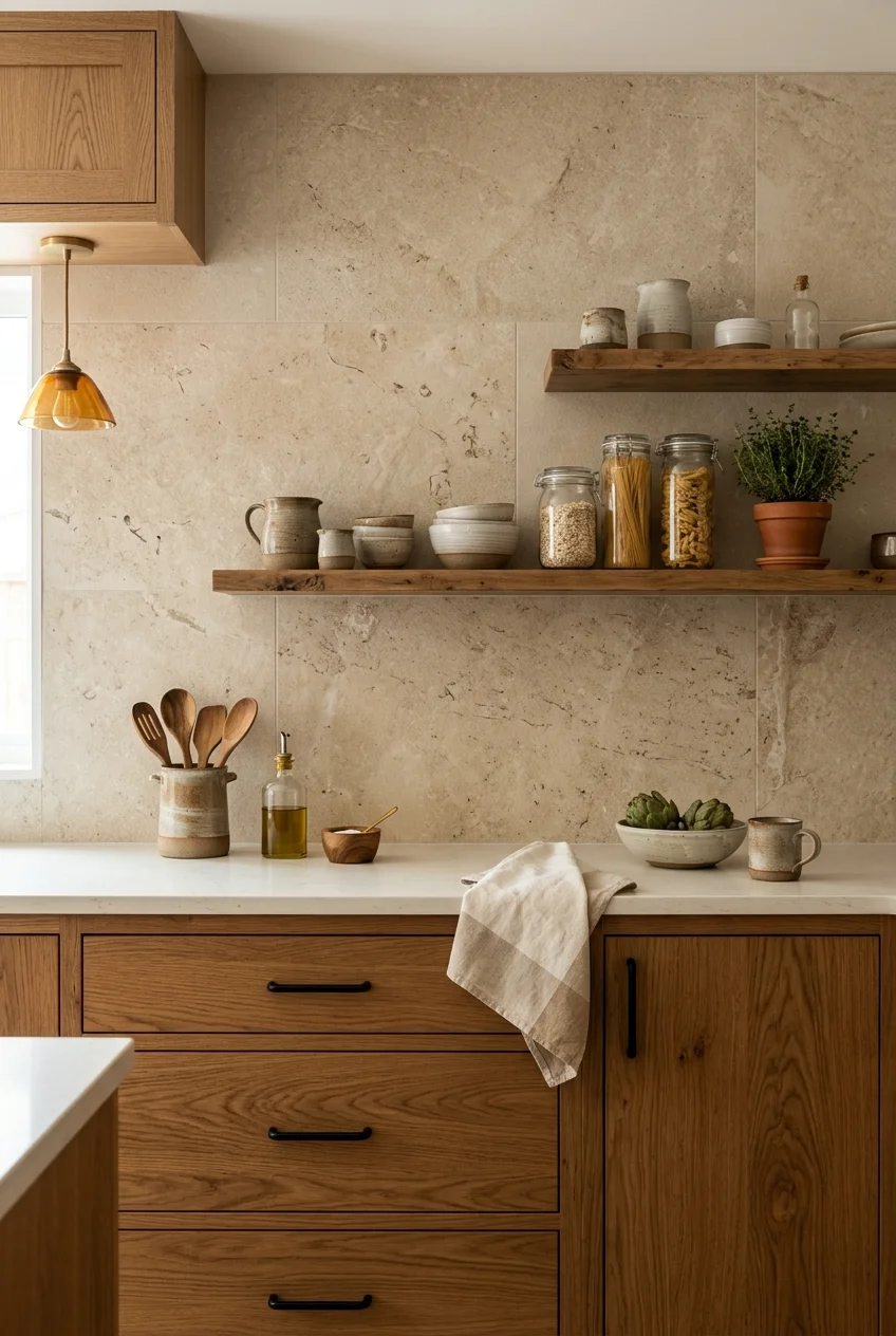 Warm limestone-look porcelain tiles on a kitchen wall.