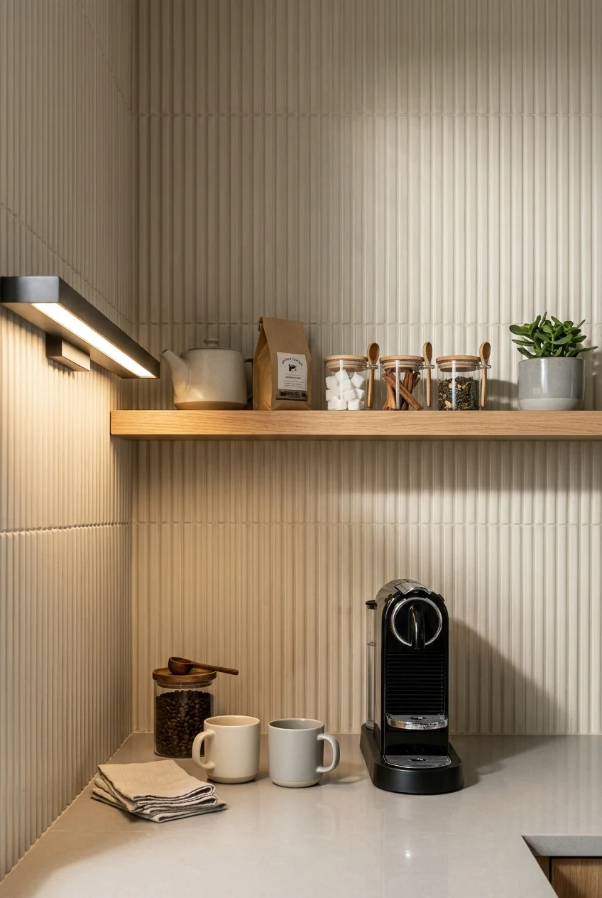 Ribbed ivory tiles in a low-splatter kitchen beverage zone.