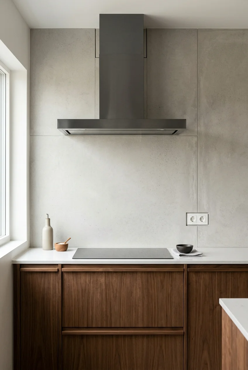Large-format concrete-look porcelain panels on a kitchen wall.