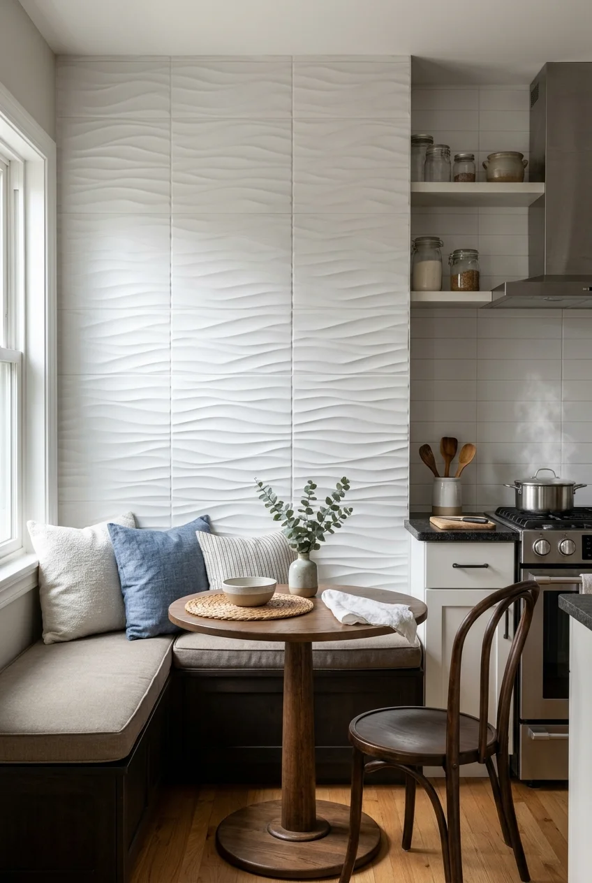 White three-dimensional tile on a kitchen dining nook wall.
