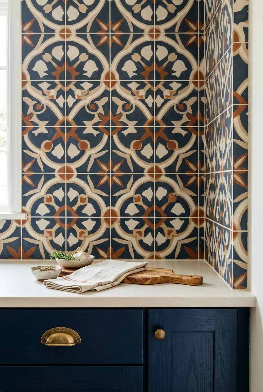Blue, cream, and rust patterned porcelain kitchen tiles.