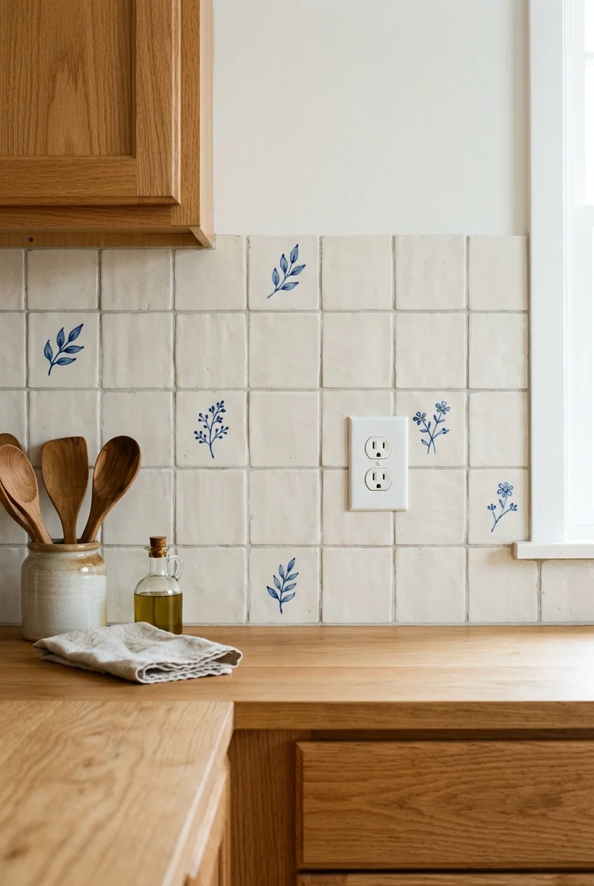 Blue hand-painted accent tiles scattered through white field tile.