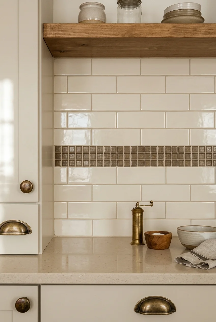 A slim bronze-glaze accent band within cream kitchen tile.