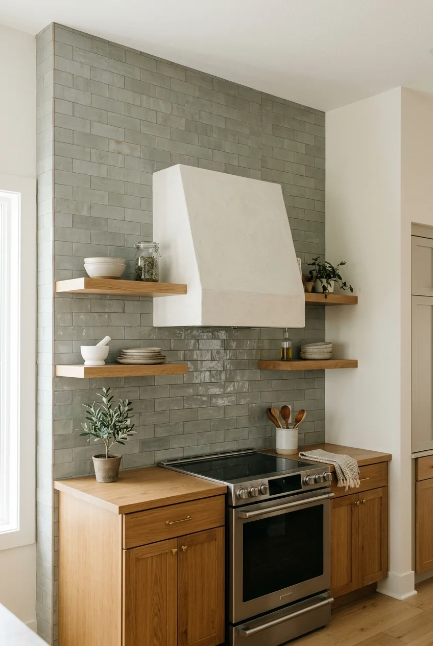 Gray-green kitchen tile extending from counter to ceiling.
