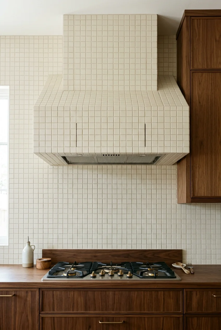 Cream square tile wrapping a kitchen range hood and wall.