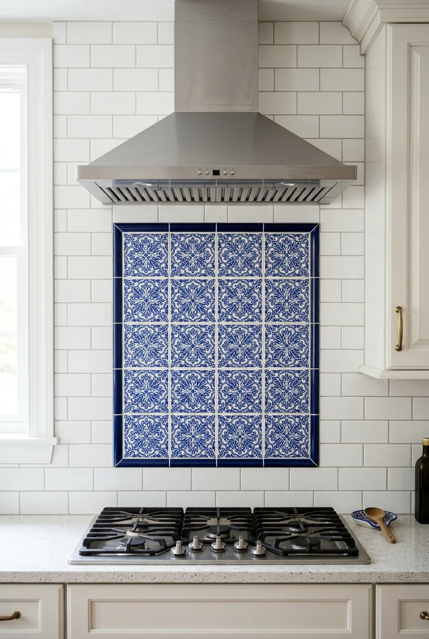 Blue patterned tile panel framed behind a kitchen range.