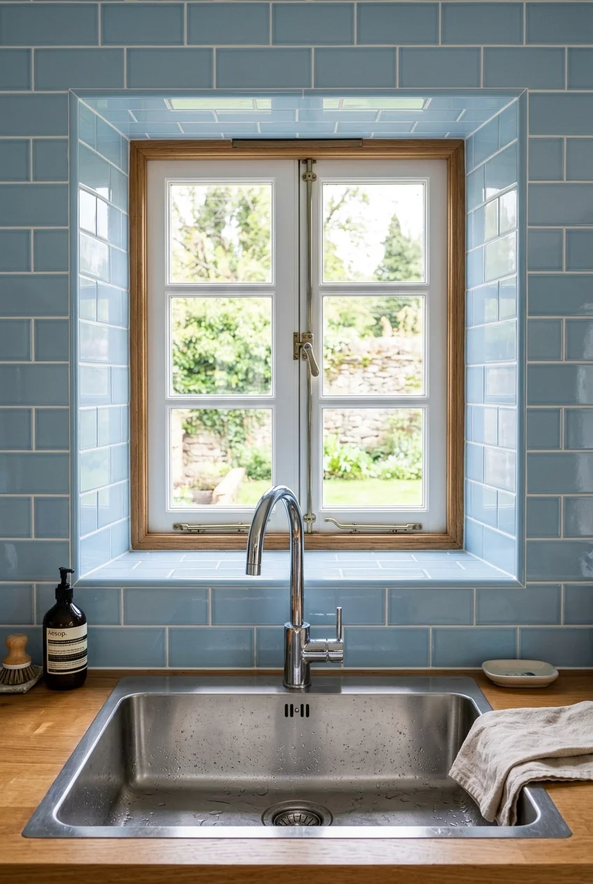 Pale blue tile continuing into the returns of a kitchen window.