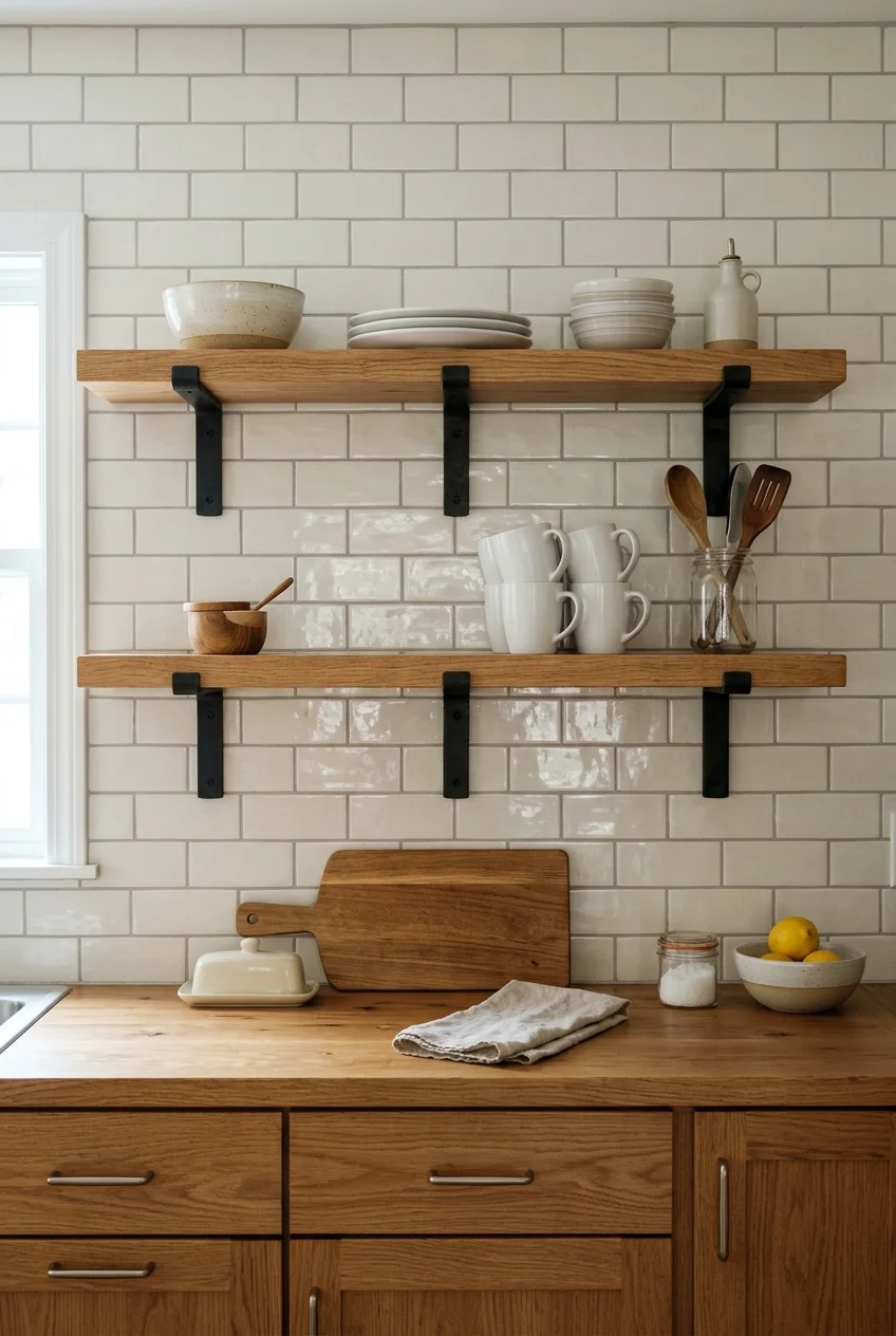 Open oak shelves mounted over glossy off-white kitchen tile.