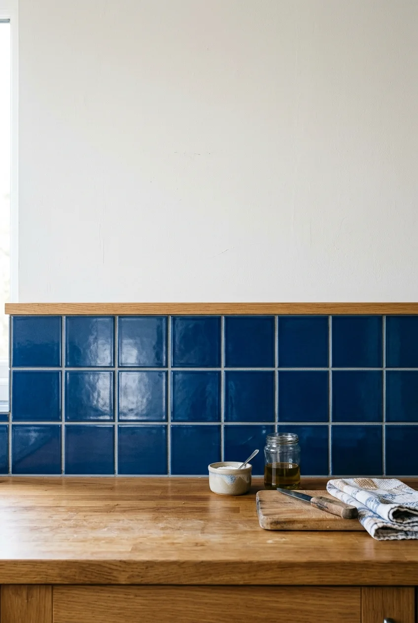 Low blue tile upstand with a finished top edge.