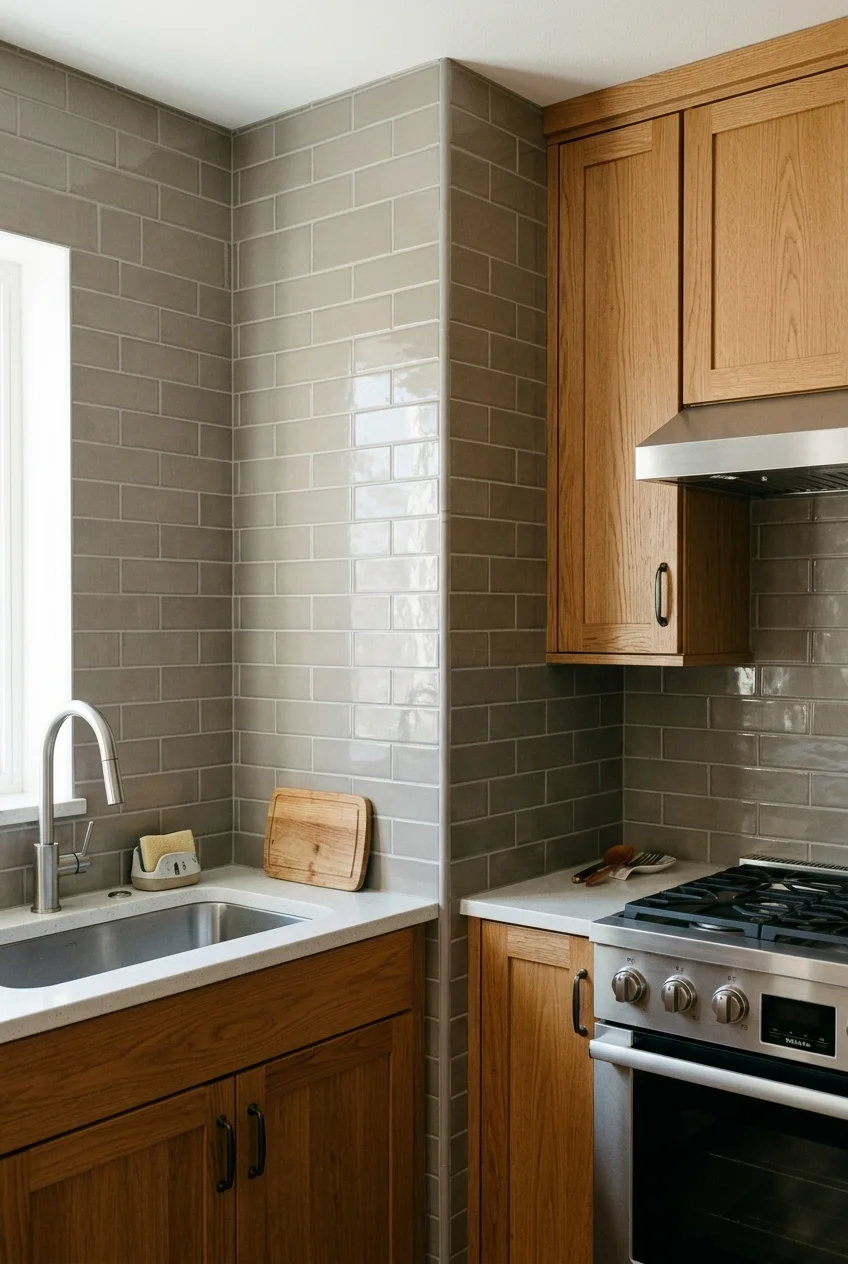 Warm gray kitchen tile wrapping an inside corner.