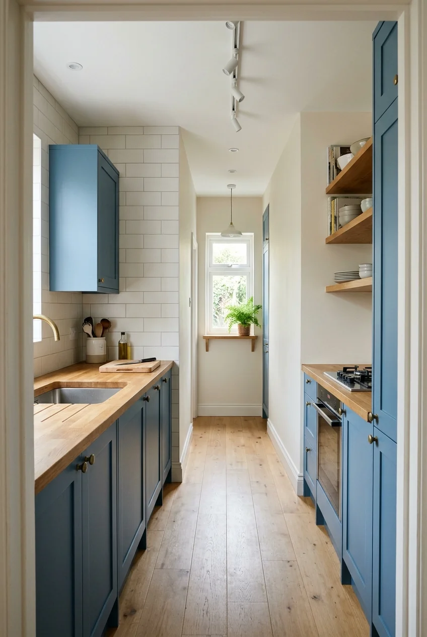 Quiet large wall tiles along a narrow galley kitchen.