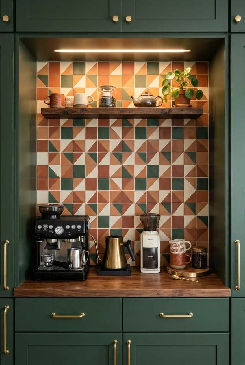 Patterned rust-and-cream tile defining a kitchen beverage nook.