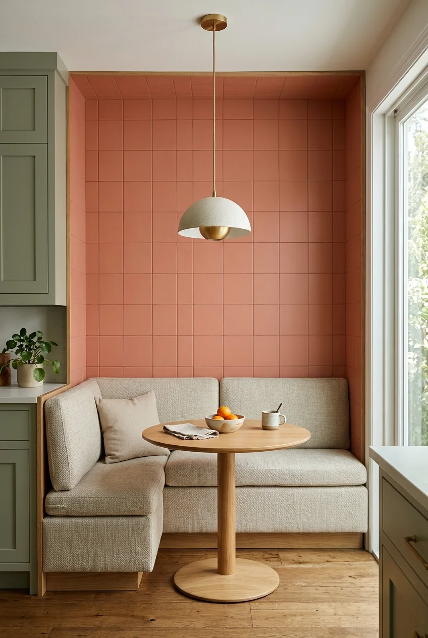 Dusty coral square tile behind a kitchen banquette.