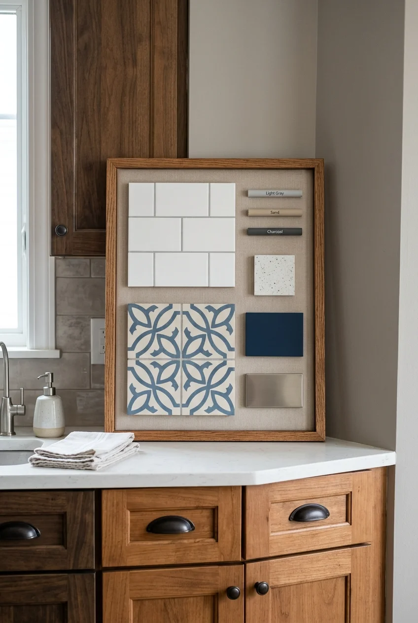 Tile, grout, cabinet, counter, and hardware samples compared together.