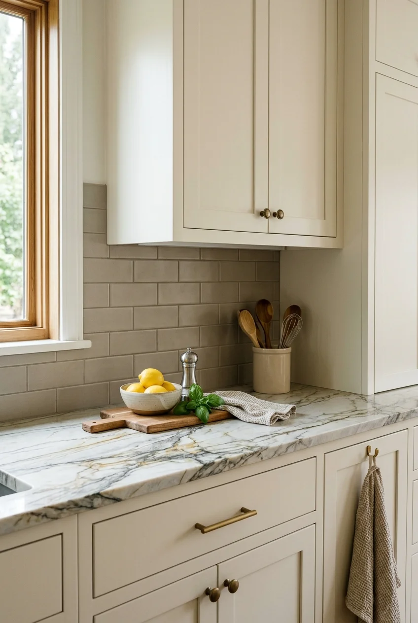 Quiet warm gray tile paired with a strongly veined counter.