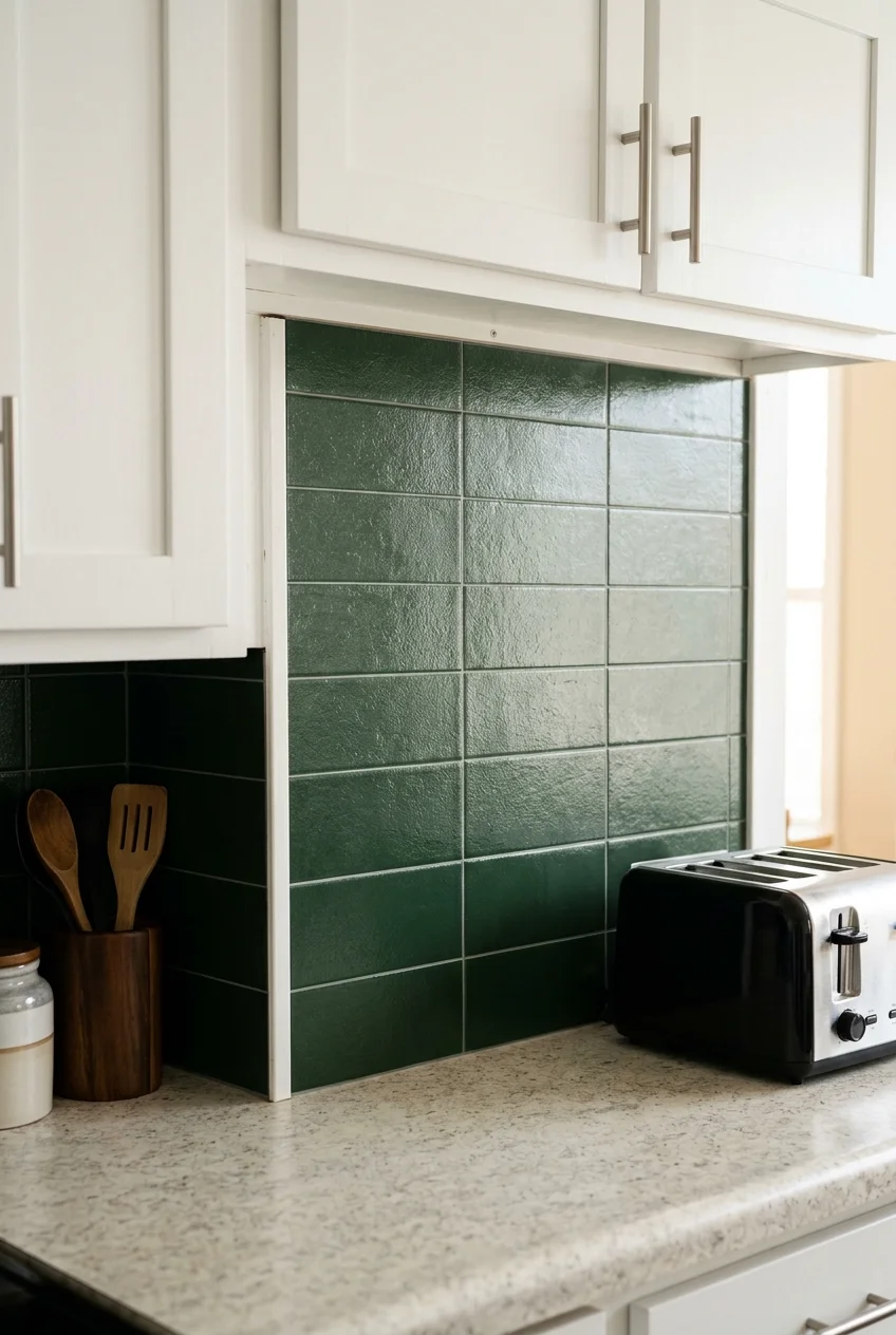 Forest-green peel-and-stick tile in a rental kitchen.
