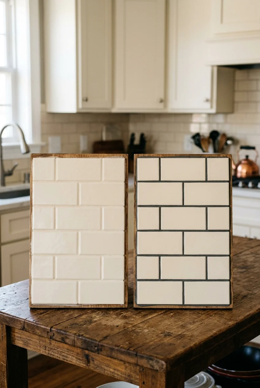 Cream tile samples compared with matching and charcoal grout.