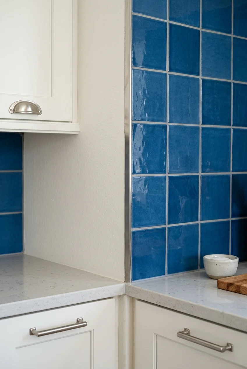 Blue kitchen tile finished with slim metal edge trim.