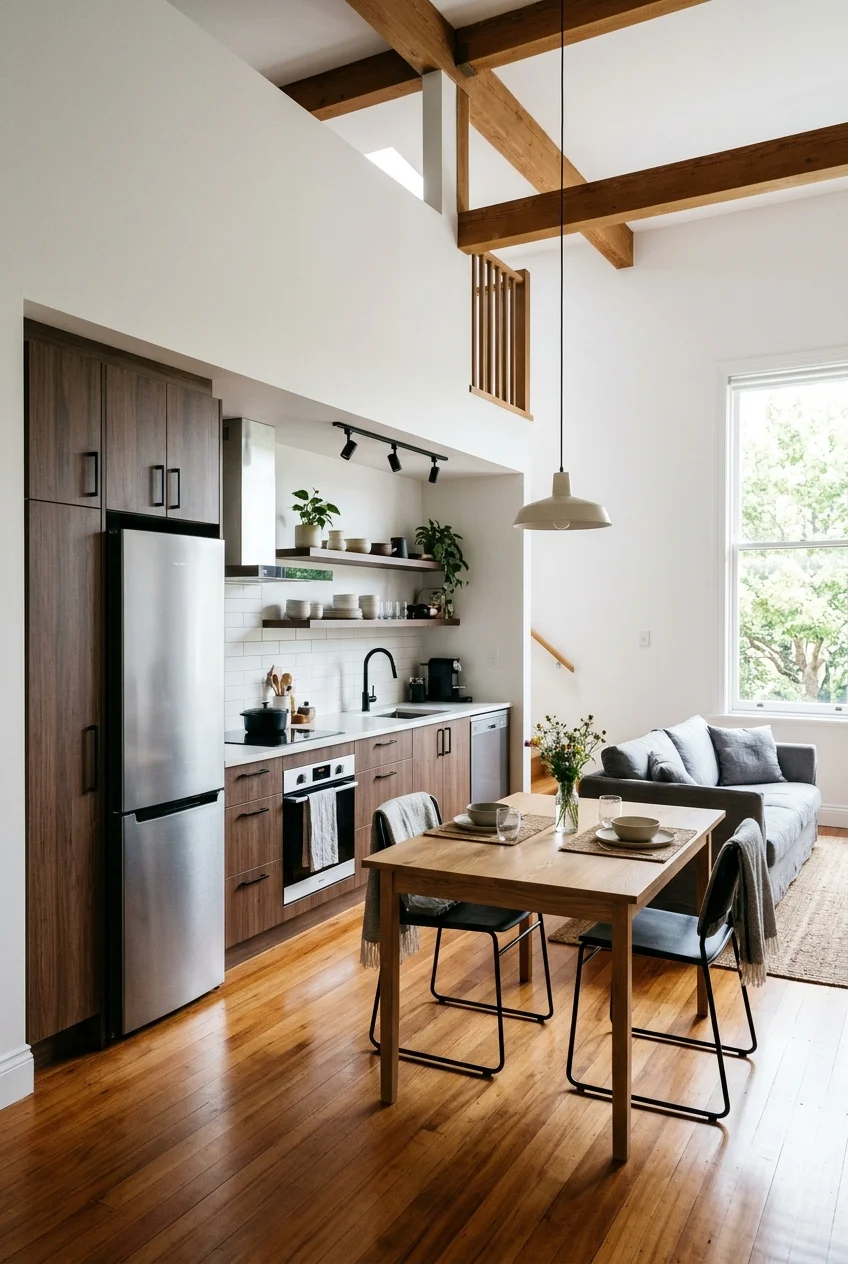 One-wall kitchen facing an open dining and living area.