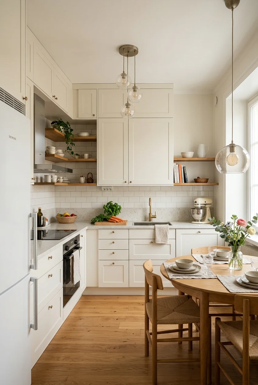 L-shaped open kitchen oriented toward a round dining table.