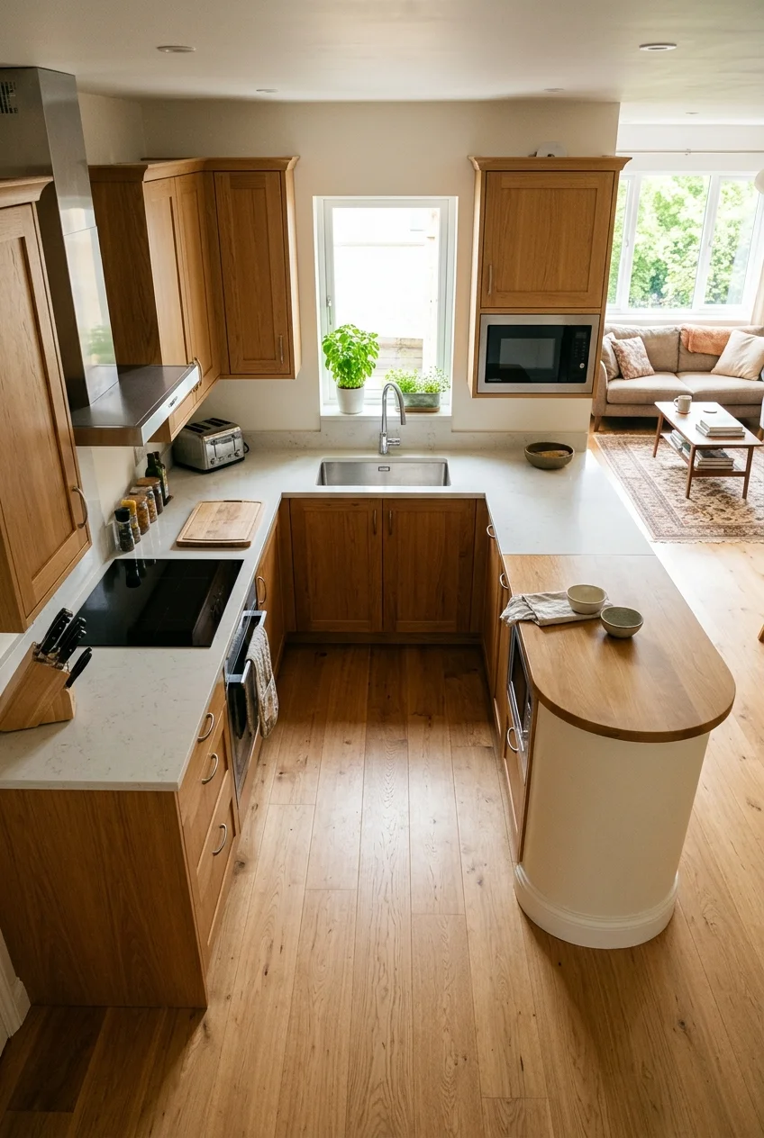 U-shaped kitchen with one side open to the living room.