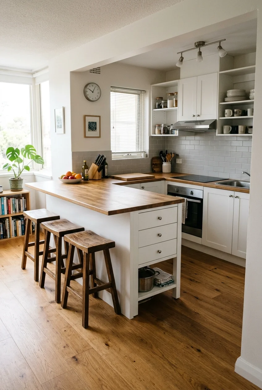 Open kitchen with a space-saving peninsula and room-facing stools.