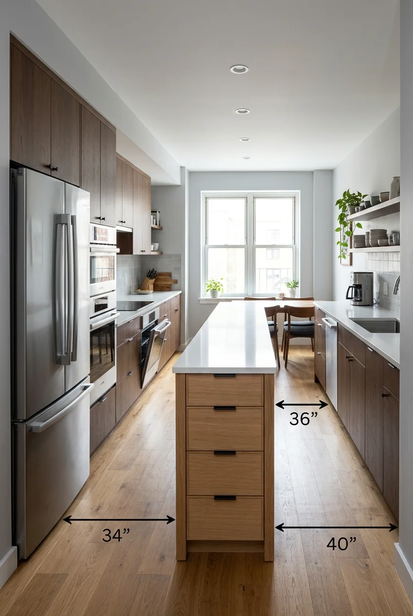 Slim preparation island centered in a narrow open kitchen.
