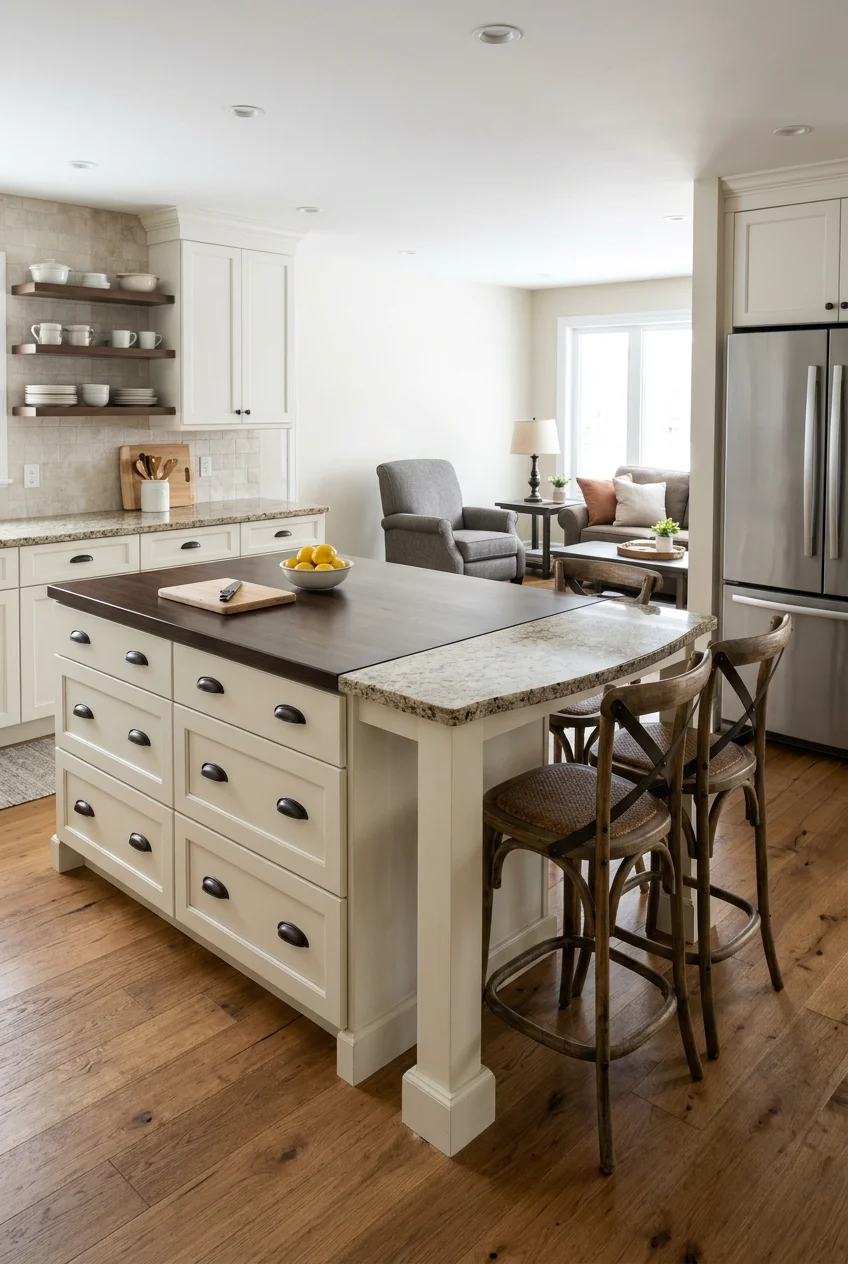 Open kitchen island with conversational seating at one end.