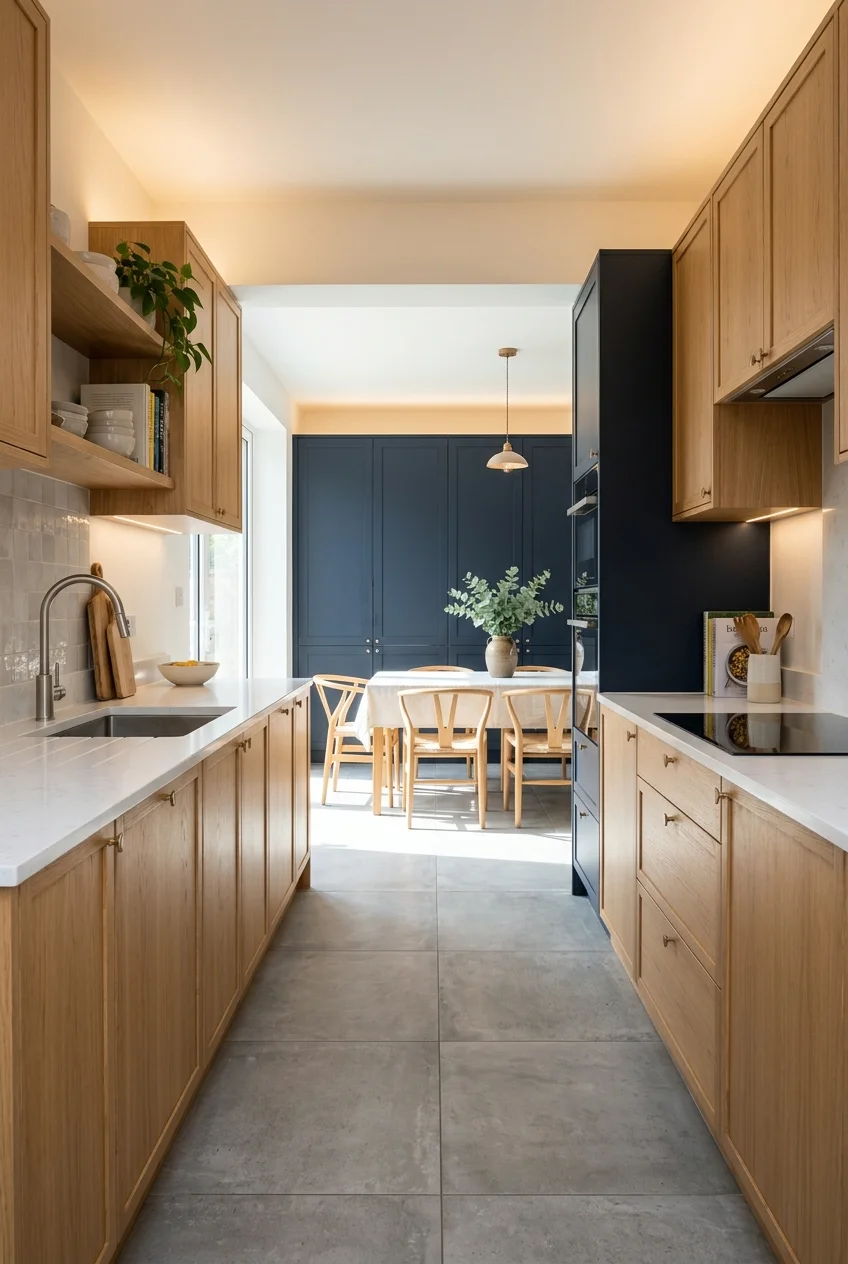 Parallel galley kitchen with an open end facing dining.