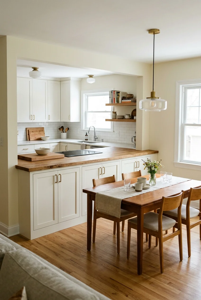 Half wall with serving counter connecting kitchen and dining room.
