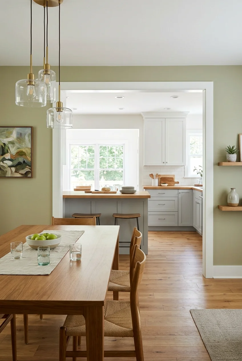 Wide kitchen pass-through framing a dining table and serving counter.