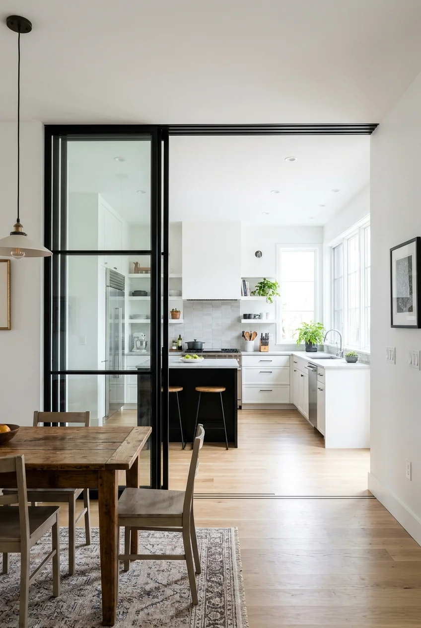 Sliding glass partition stacked open beside an open kitchen.