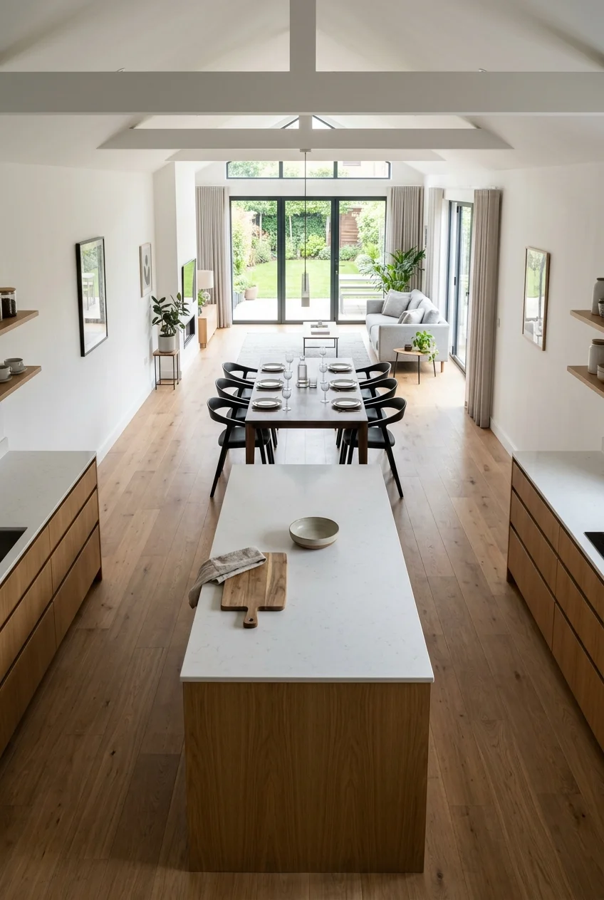Dining table aligned with the centerline of an open kitchen island.