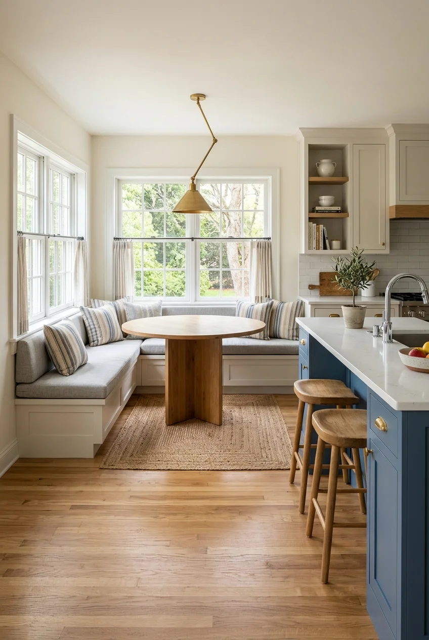 Wall-hugging banquette beside an open kitchen.