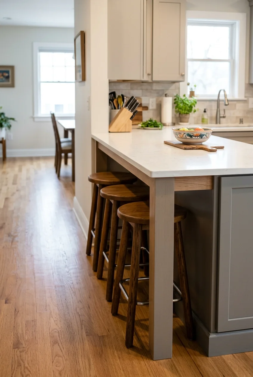 Backless stools tucked completely beneath a kitchen peninsula.