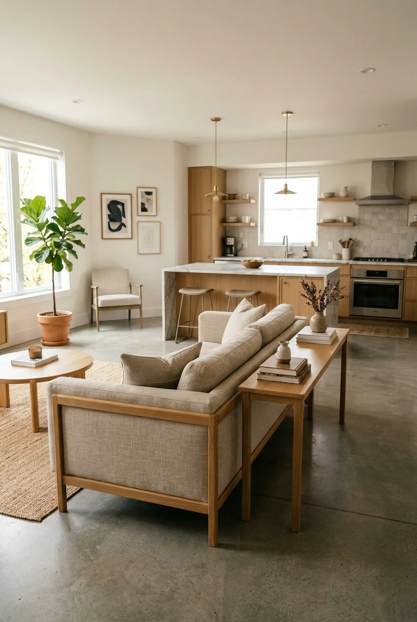 Sofa back defining the living area beside an open kitchen.