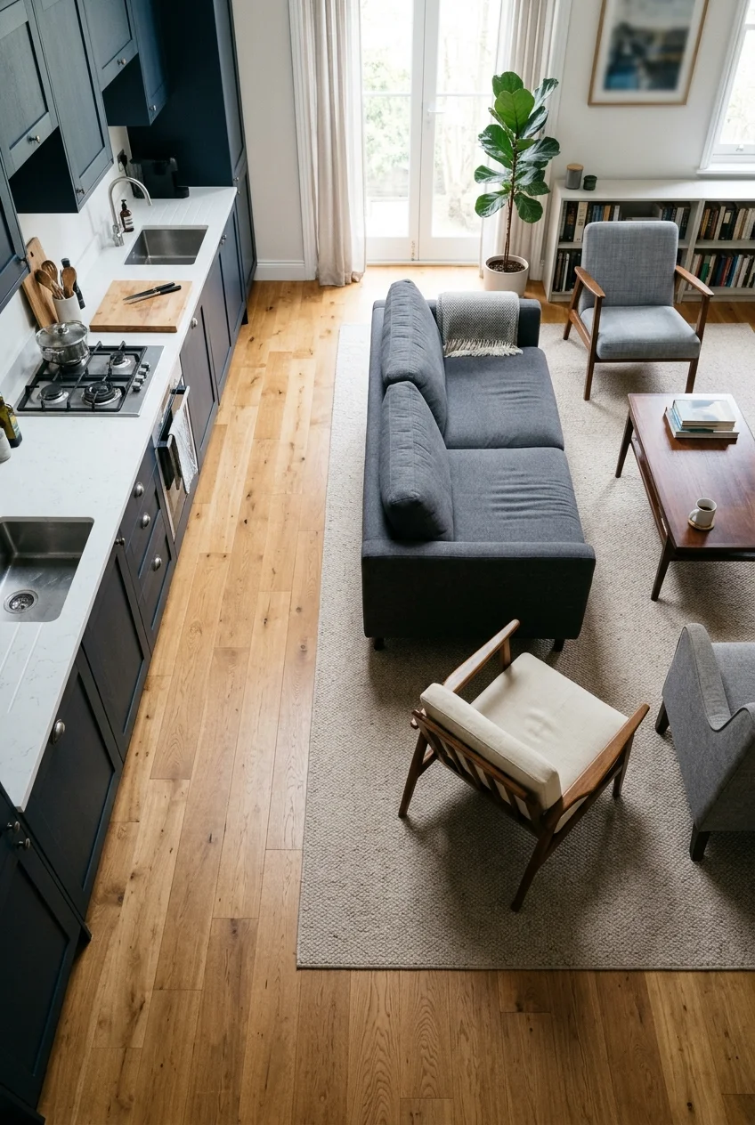 Large rug defining the living zone away from the open kitchen.