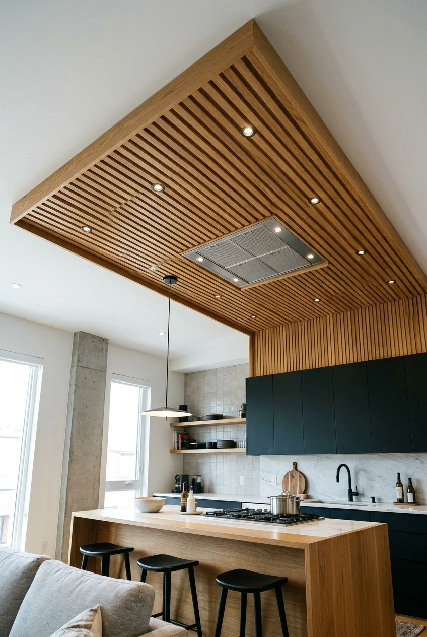 Oak ceiling slats defining an open kitchen zone.