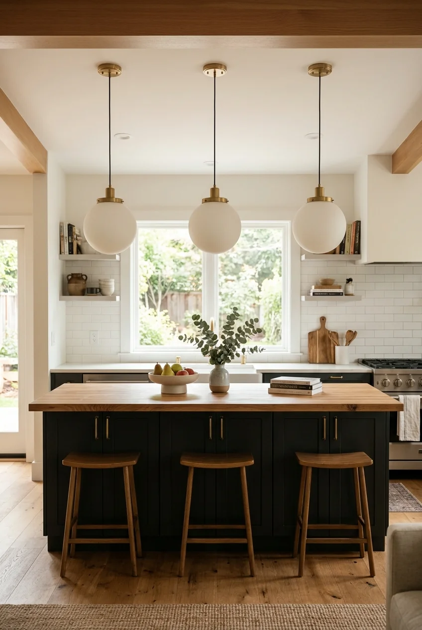 Three pendants defining an island in an open kitchen.