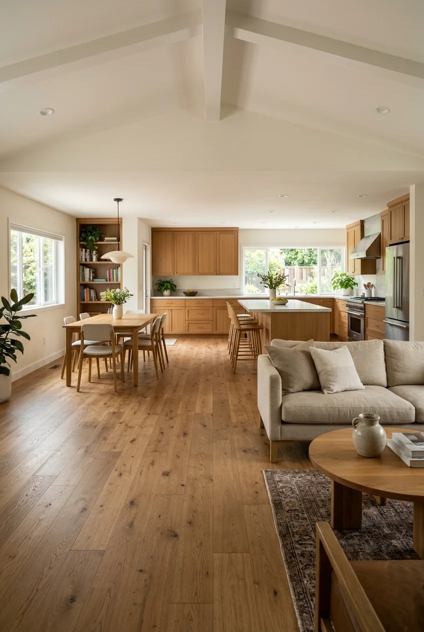 Continuous oak flooring unifying kitchen, dining, and living zones.