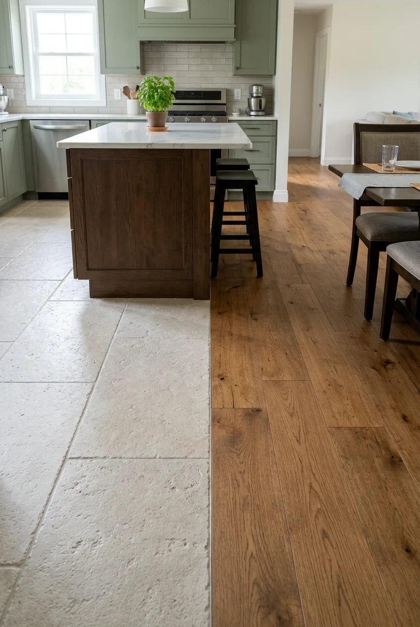Flush tile-to-wood transition aligned with an open kitchen island.
