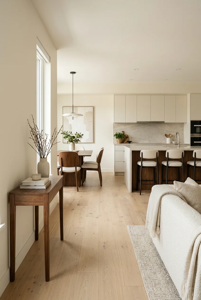 Walnut finish repeated across kitchen, dining, and living zones.