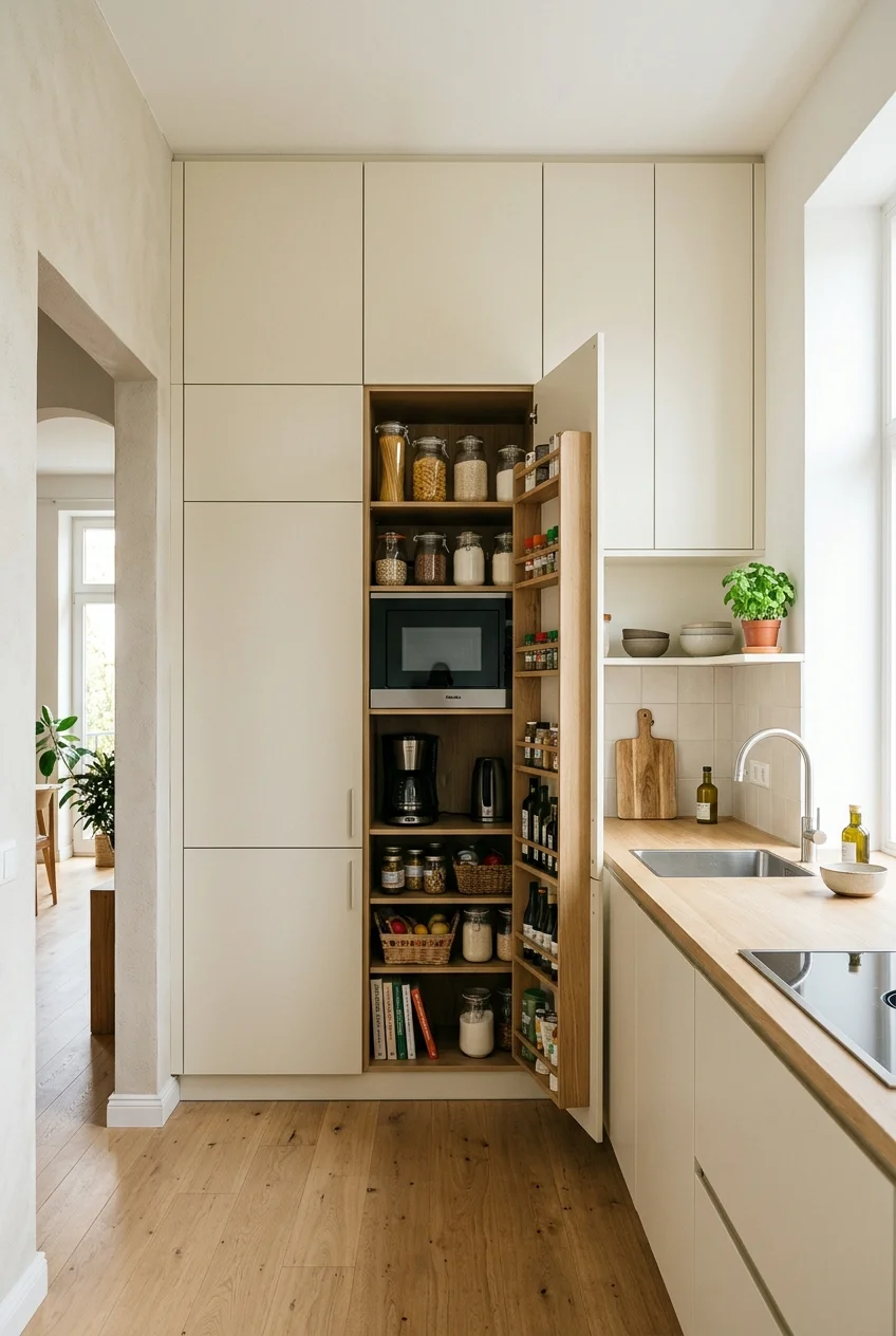 Full-height pantry wall consolidating storage in an open kitchen.