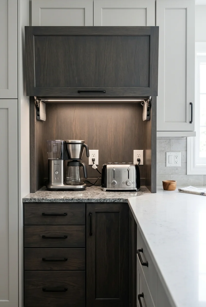 Open appliance garage keeping an open-kitchen counter clear.